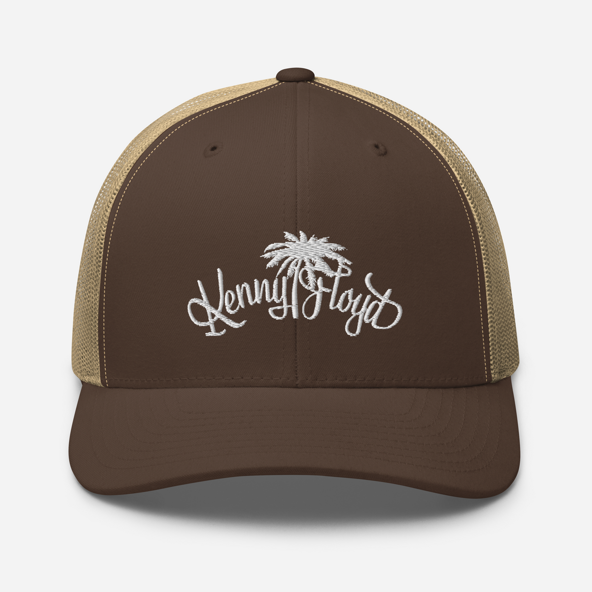 Brown & Tan Trucker Cap with White KF Palm Logo