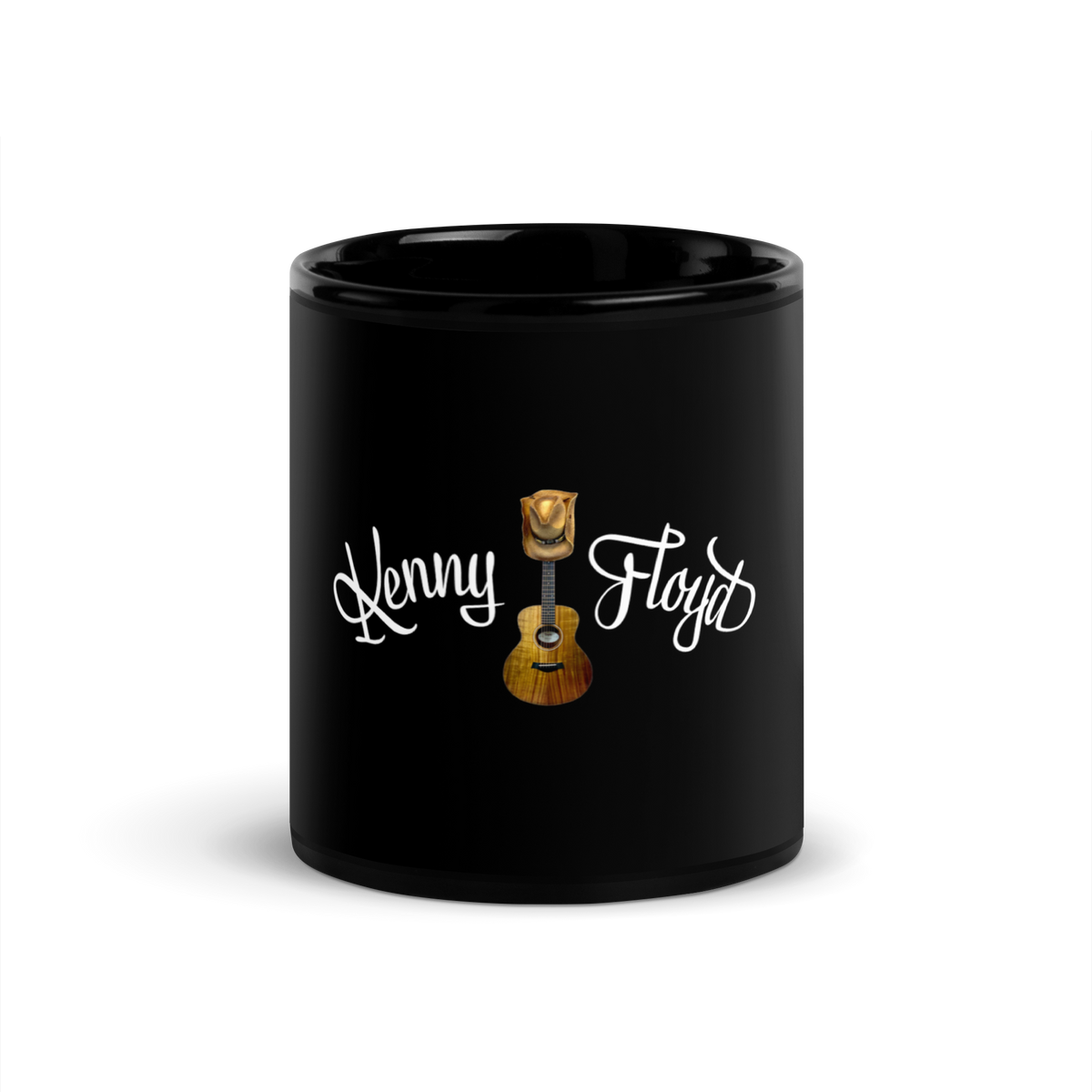 KF Palm Logo with hat & guitar on a black glossy mug