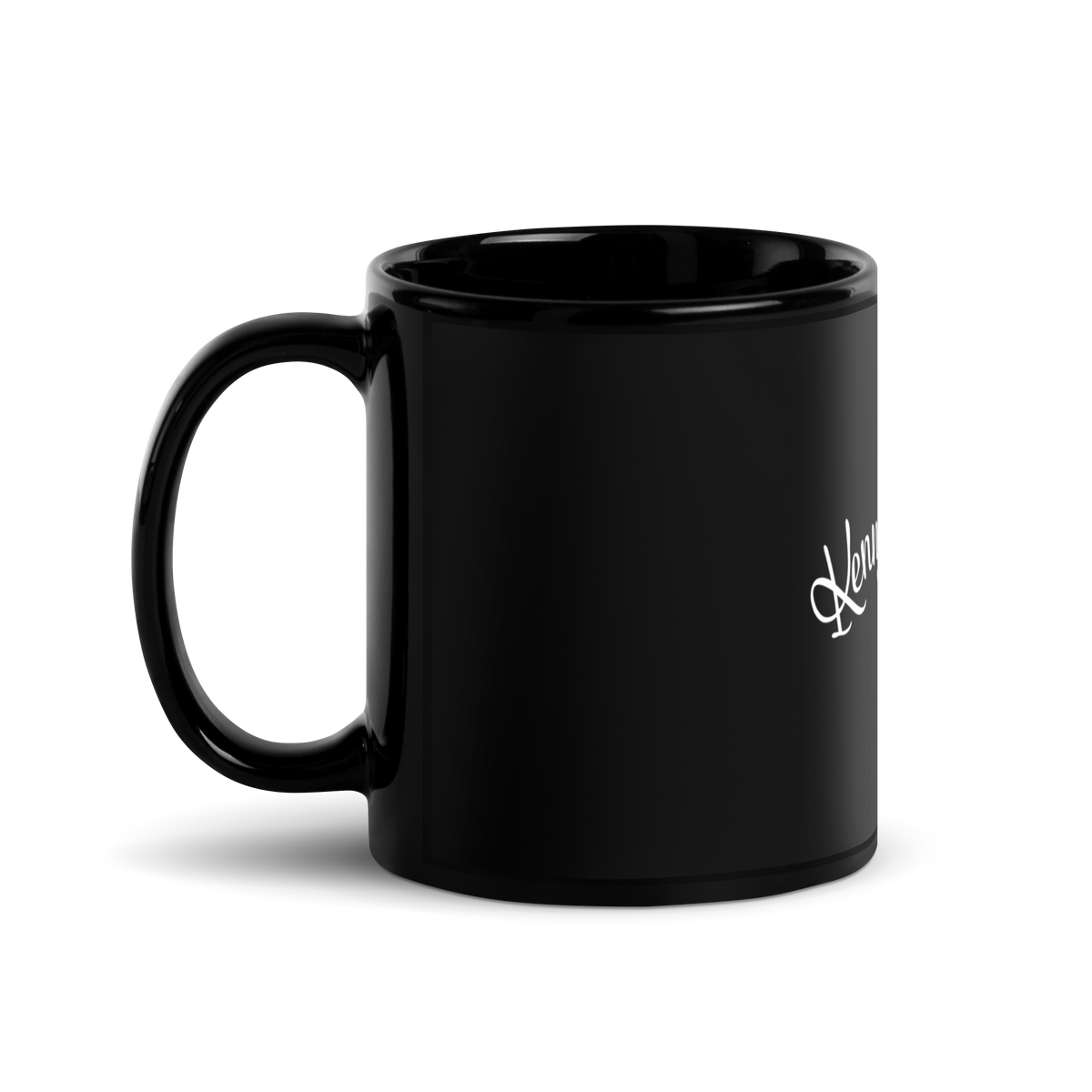 KF Palm Logo with hat & guitar on a black glossy mug