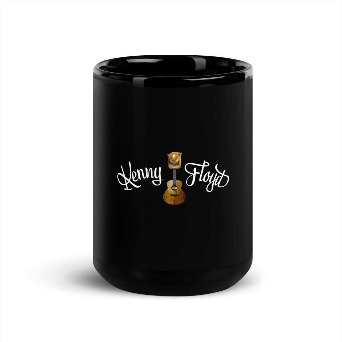 KF Palm Logo with hat & guitar on a black glossy mug