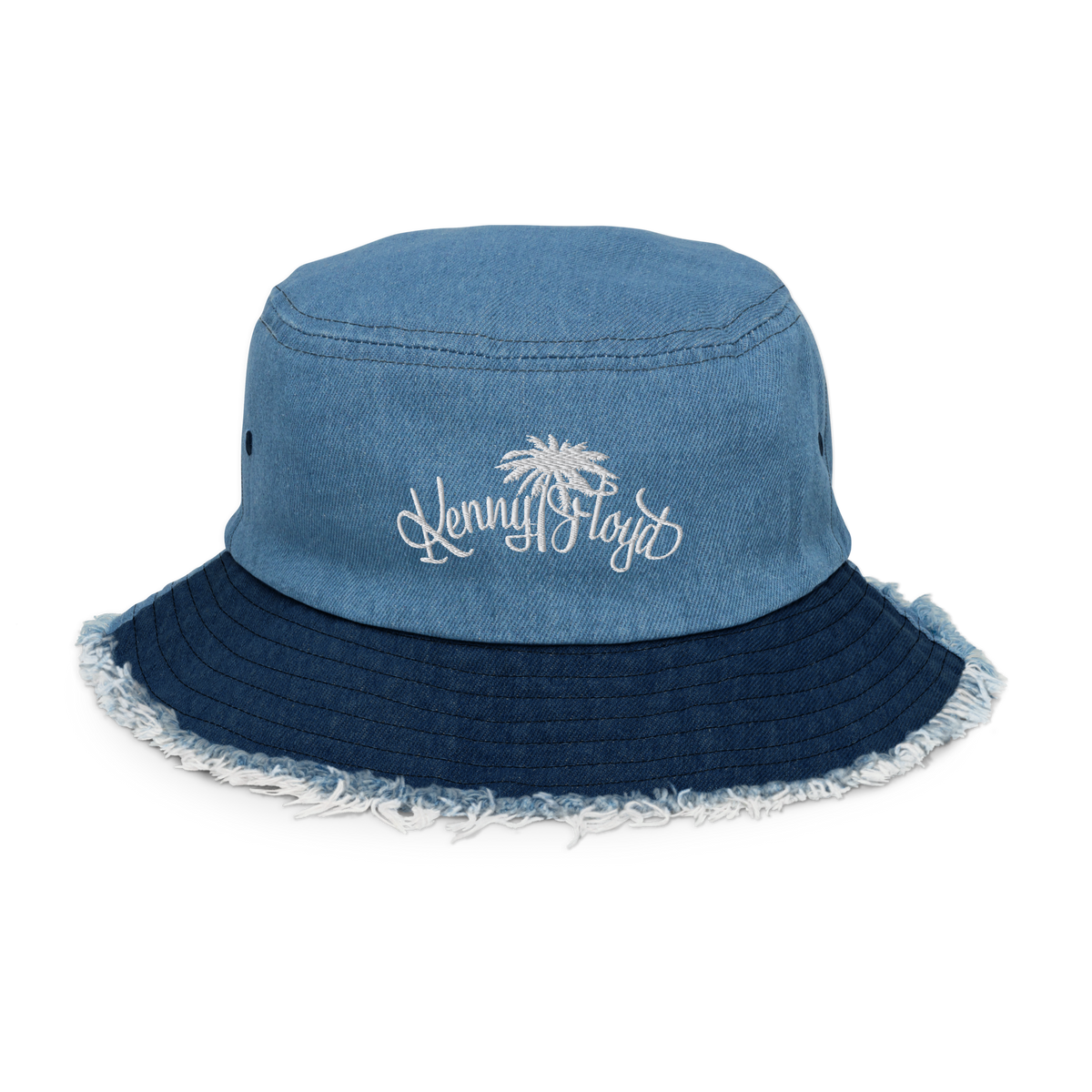 Light Blue & Dark Blue Distressed denim bucket hat with KF Palm Logo