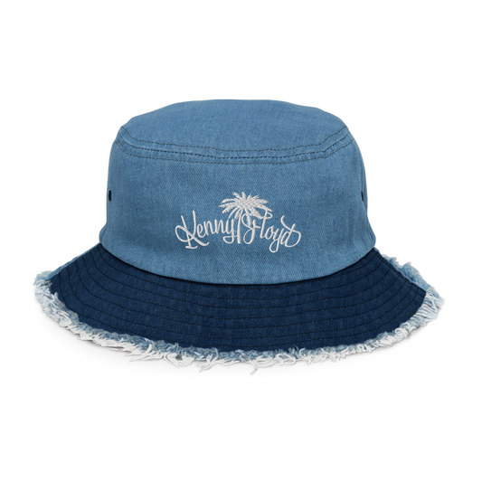 Light Blue & Dark Blue Distressed denim bucket hat with KF Palm Logo