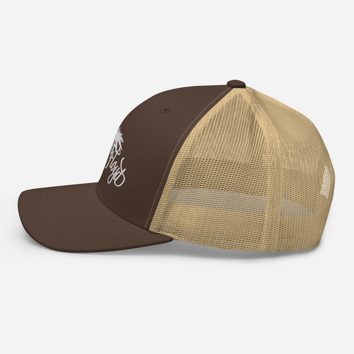 Brown & Tan Trucker Cap with White KF Palm Logo