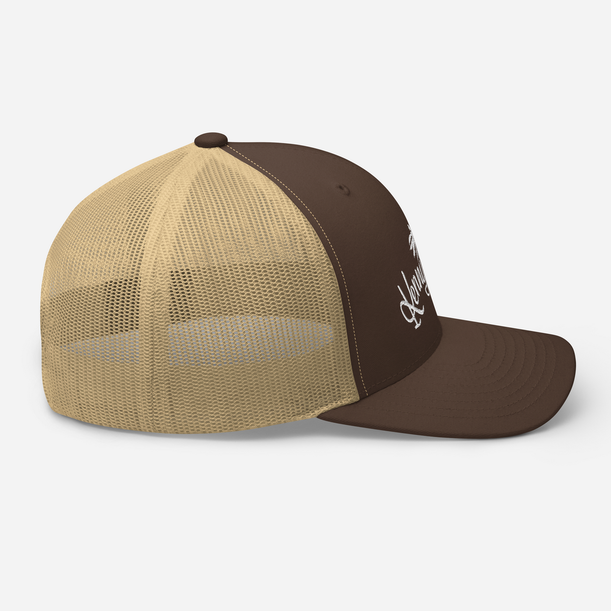 Brown & Tan Trucker Cap with White KF Palm Logo