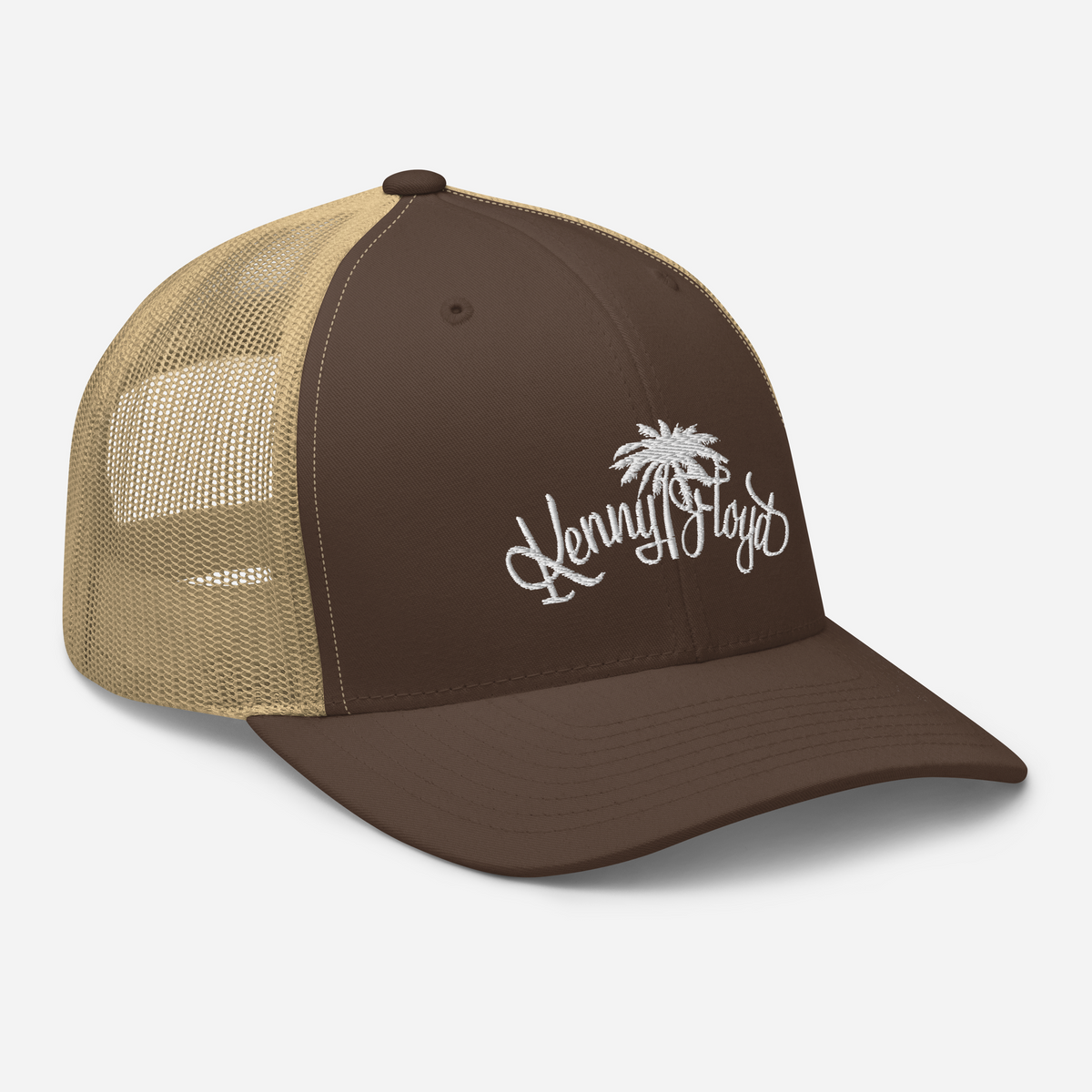 Brown & Tan Trucker Cap with White KF Palm Logo