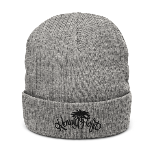 Grey Ribbed Knit Beanie with Black KF Palm Logo