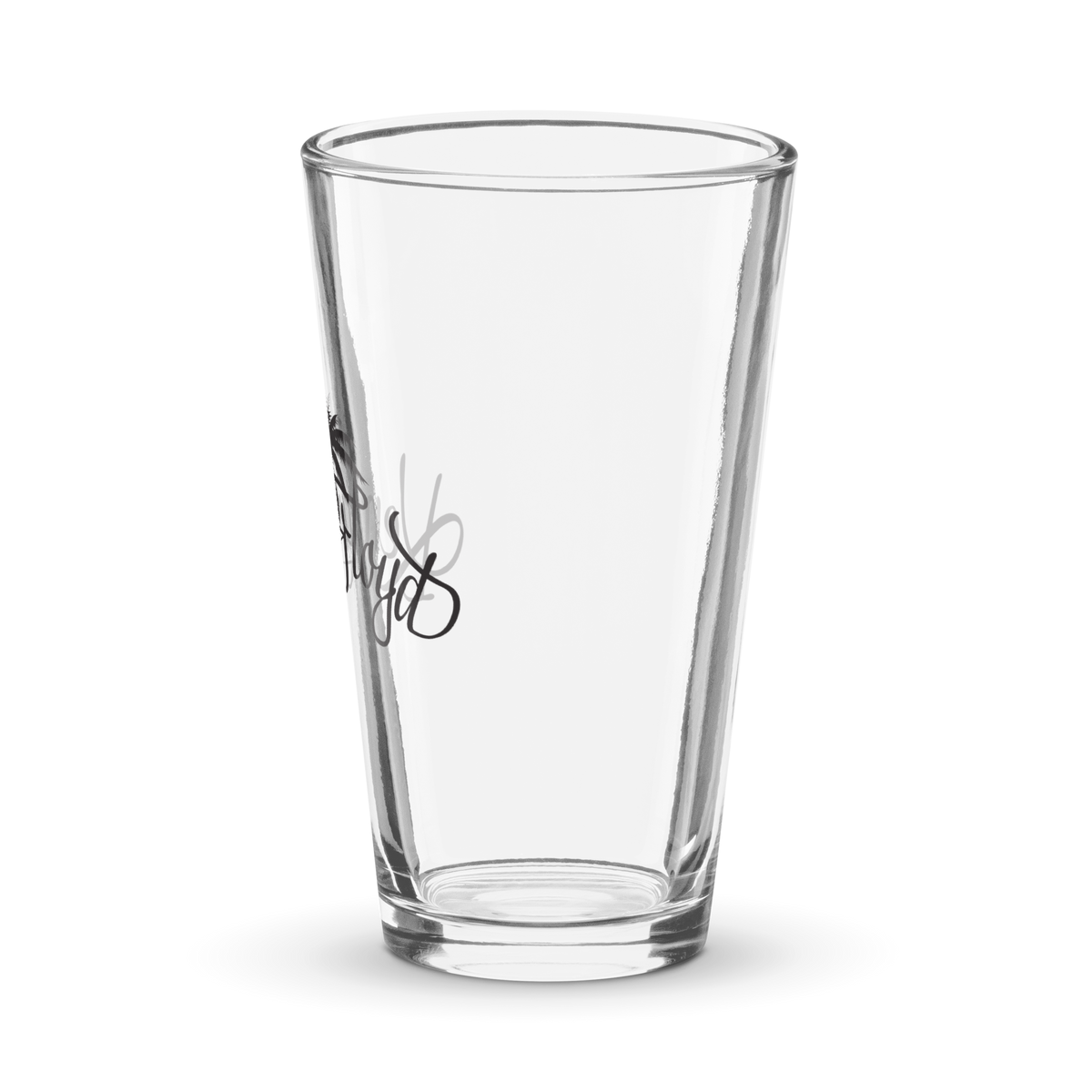 Shaker pint glass with black KF Palm Logo