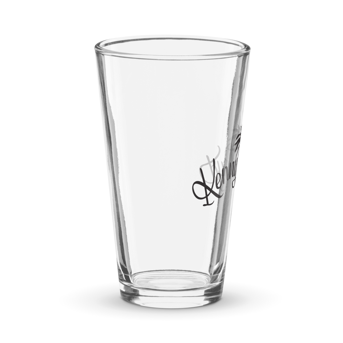 Shaker pint glass with black KF Palm Logo
